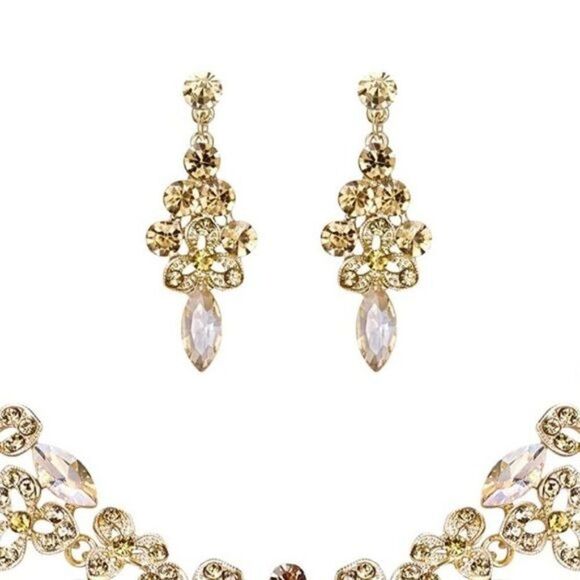 Yellow Gold and Champagne Austrian Crystal Flower Bib Necklace and Earrings Set - Picture 2 of 6
